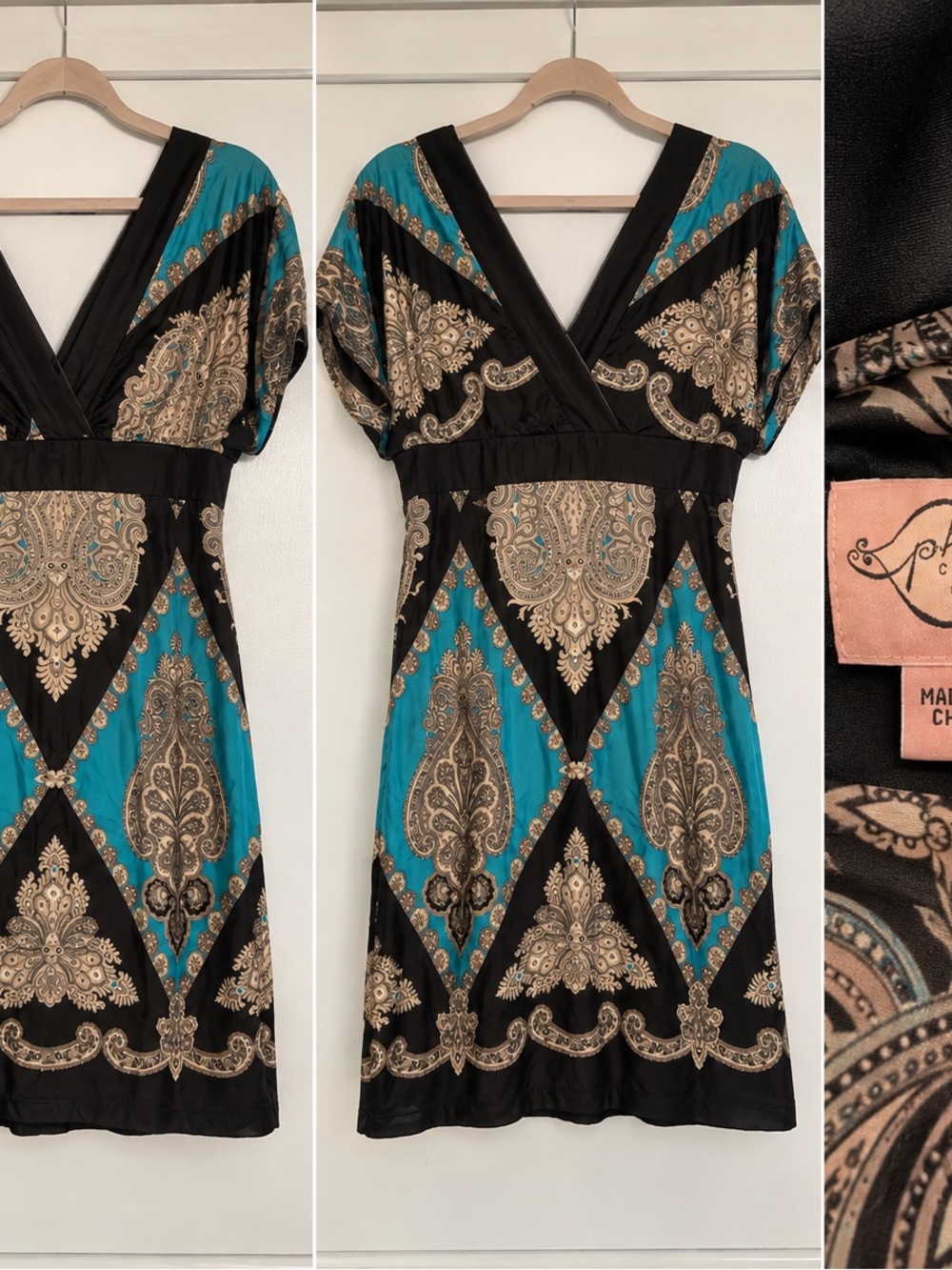 Phoebe Couture 100% Silk V-Neck Empire Waist Dress in Teal and Black